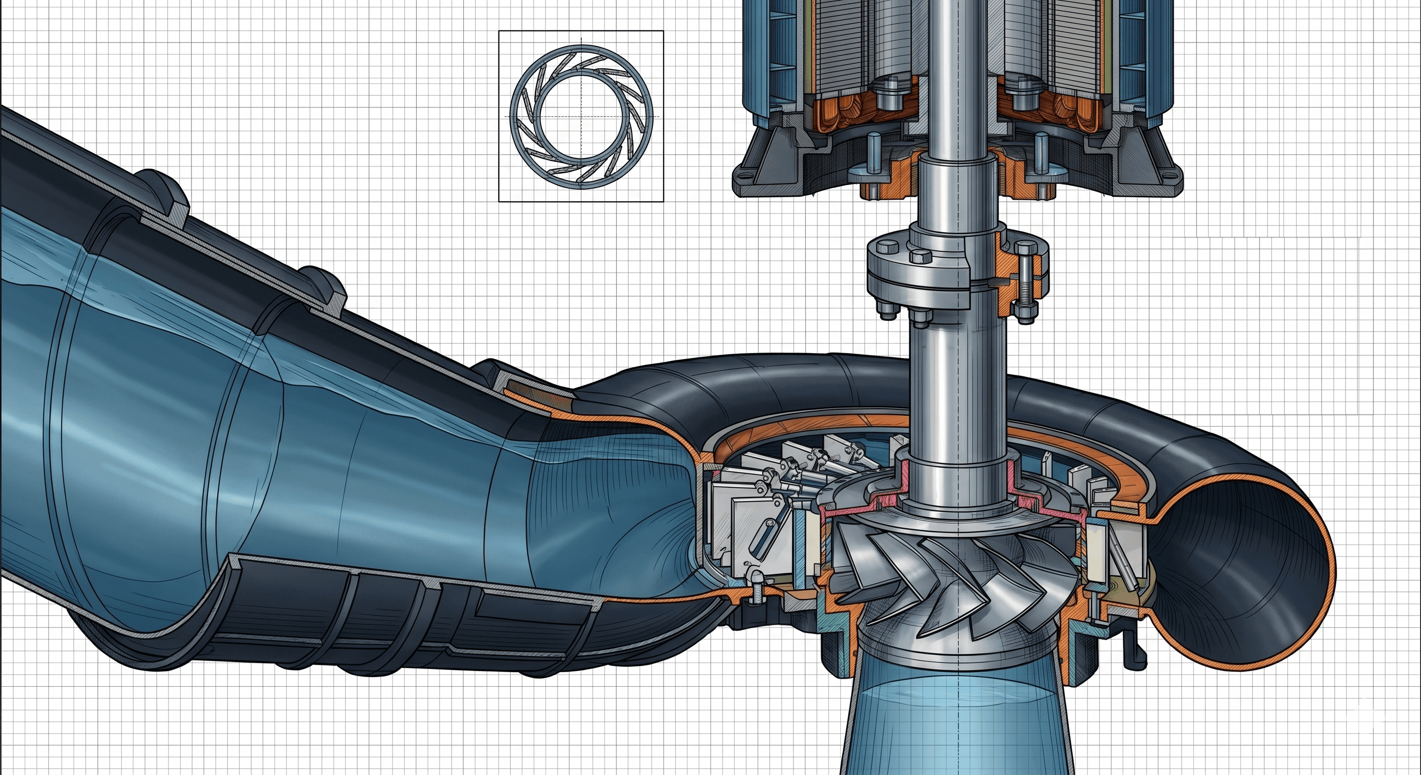 Cross-section engineering render of a Francis turbine